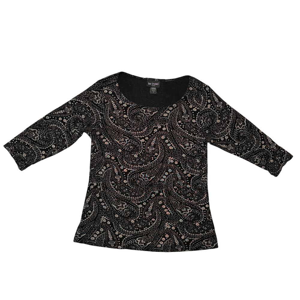 BAY STUDIO Half Sleeve Top M Black Beige Paisley Glitter